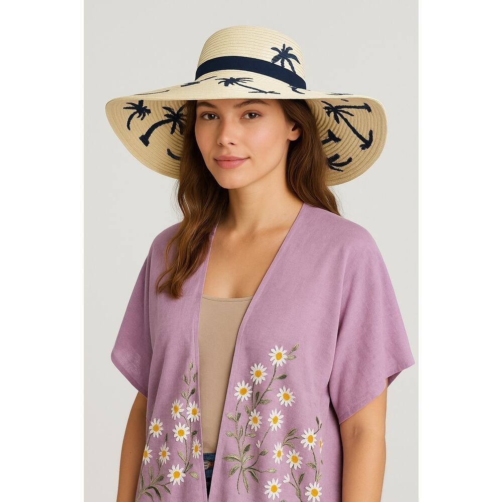 Yumi Wide Brim Sun Hat Palm Tree Print Straw Beach Hat One Size Summer